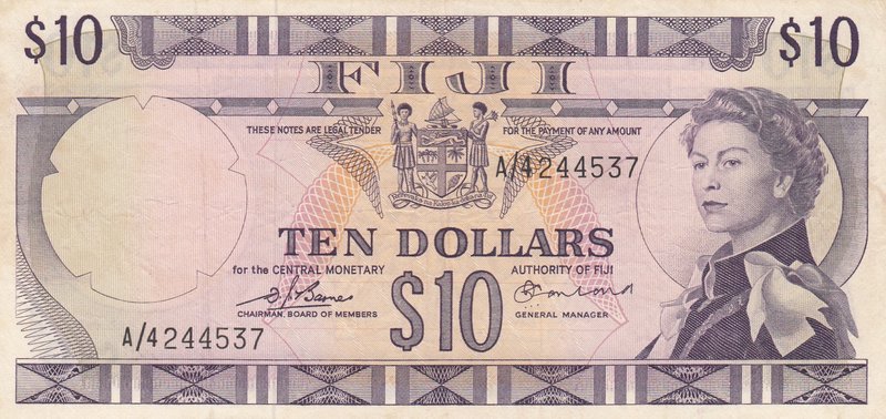 Fiji, 10 Dollars, 1974, XF, p74b
serial number: A/4 244537, Sign: D.J.Barnes an...