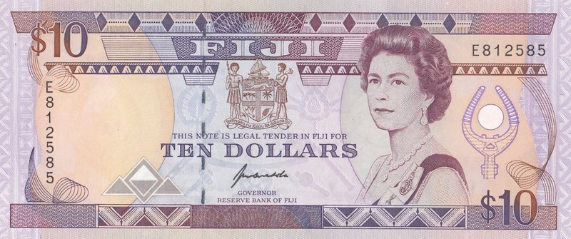 Fiji, 10 Dollars, 1992, UNC, p94a
serial number: E812585, Portrait of Queen Eli...