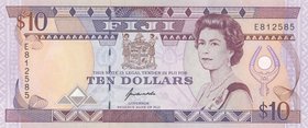 Fiji, 10 Dollars, 1992, UNC, p94a
serial number: E812585, Portrait of Queen Elizabeth II, Vertical and Horzontal Series Numbers
Estimate: $ 40-60