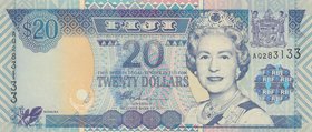 Fiji, 20 Dollars, 2002, UNC, p107a
serial number: AQ283133, Portrait of Mature Queen Elizabeth II and RBF words on Foil at Right
Estimate: $ 40-60