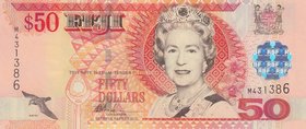 Fiji, 50 Dollars, 2002, UNC, p108a
serial number: M431386, Portrait of Mature Queen Elizabeth II and RBF words on Foil at Right
Estimate: $ 50-100