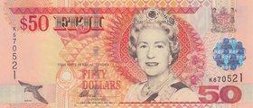 Fiji, 50 Dollars, 2002, UNC, p108a
serial number: K670521, Portrait of Mature Queen Elizabeth II and RBF words on Foil at Right
Estimate: $ 50-100