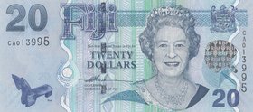 Fiji, 20 Dollars, 2007, UNC, p112a
serial number: CA013995, Portrait of Mature Queen Elizabeth II and RBF words on Foil at Right
Estimate: $ 20-40