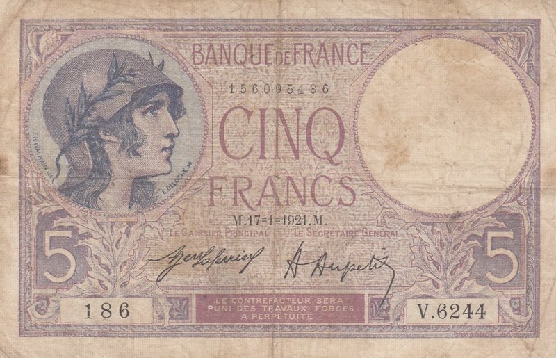 France, 5 Francs, 1921, FINE, p72b
serial number: 186 V.6244, Signature J. Lafe...