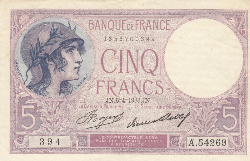 France, 5 Francs, 1933, VF, p72e
serial number: 1356700394, Signature J. Boyer ...