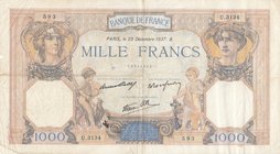 France, 1000 Francs, 1937, FINE, p79c
serial number: 593 U.3134, Signature Roulleau, J. Boyer and P. Strohl, Ceres at Right and Mercury at Left
Esti...