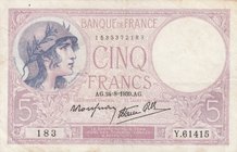 France, 5 Francs, 1939, VF, p83
serial number: Y.61415 183
Estimate: $ 10-20