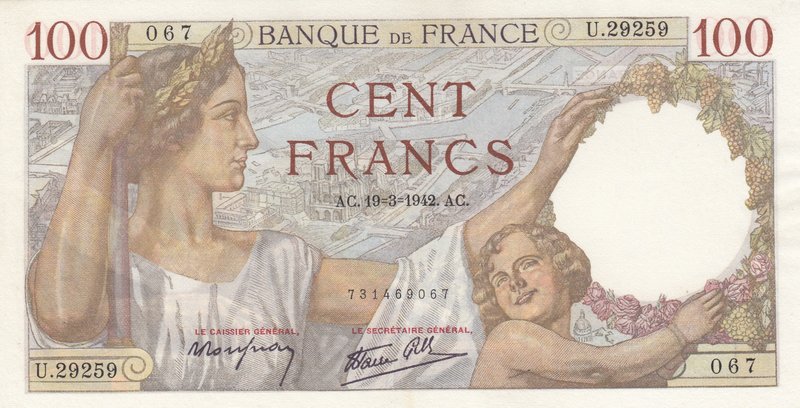 France, 100 Francs, 1942, UNC, p94
serial number: U.29259 067
Estimate: $ 50-1...