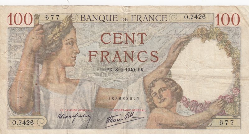 France, 100 Francs, 1940, VF (-), p94
serial number: Q.7426 677
Estimate: $ 10...