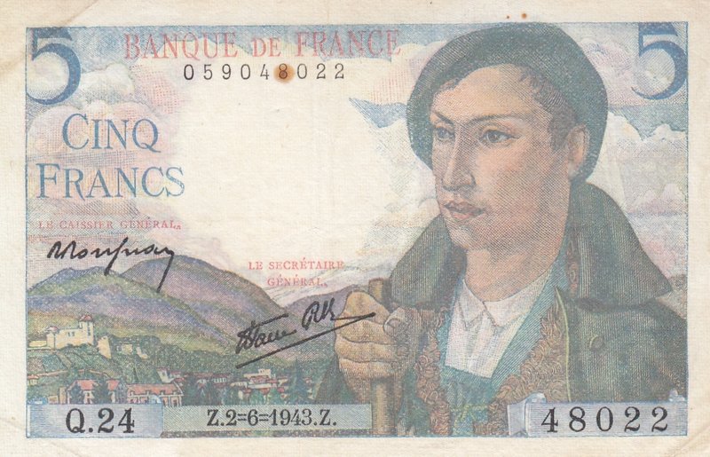 France, 5 Francs, 1943, XF, p98a
serial number: Q.24 48022, Signature R. Rousse...