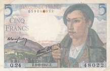 France, 5 Francs, 1943, XF, p98a
serial number: Q.24 48022, Signature R. Rousseau and R. Favre-Gilly
Estimate: $ 10-20