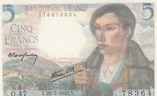 France, 5 Francs, 1943, UNC, p98a
serial number: Q.47 78364, Signature P. Rousseau and R. Favre-Gilly
Estimate: $ 20-40