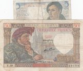 France, 5 Francs ve 50 Francs, 1943/ 1940, VG, p98a/ p93, (Total 2 Banknotes)
serial numbers: 051843278 and Y.19 29189, Signature P.Rousseau ve Favre...