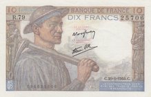France, 10 Francs, 1944, UNC (-), p99c
serial number: R.79 25706, Miners at left, There is no sign of folding in the banknote. However, there are two...