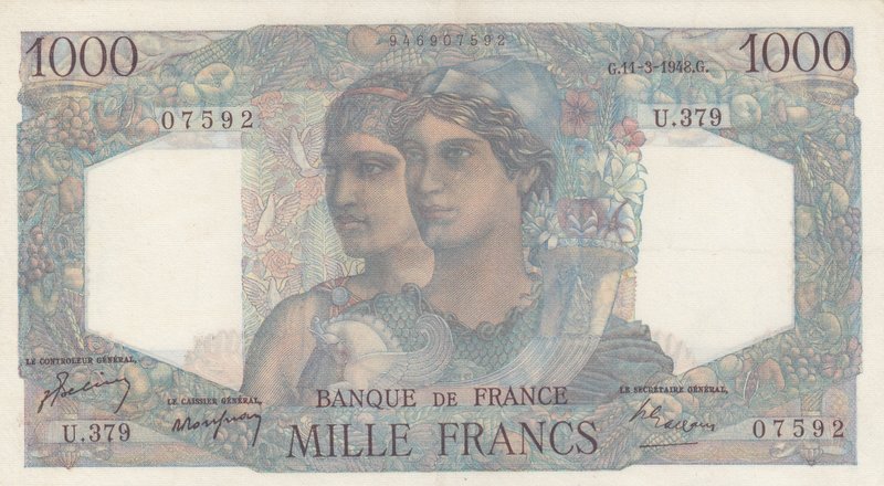 France, 1000 Francs, 1948, AUNC, p130a
serial number: U.379 07592
Estimate: $ ...