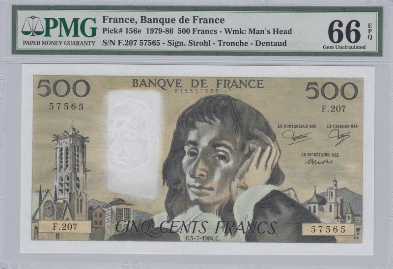 France, 500 Francs, 1984, UNC, p156e
PMG 66, serial number: F.207-57565, Blaise...