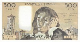 France, 500 Francs, 1988, UNC, p156g
serial number: 69546 V.274, Pascal portrait at center
Estimate: $ 75-150