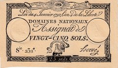 France, Assginat, 25 Sols, 1792, UNC, pA55 
serial number: 232
Estimate: $ 25-50