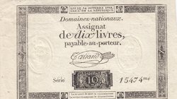 France, Assginat, 10 Livres, 1792, XF (+), pA66 
serial number: 15474
Estimate: $ 15-30