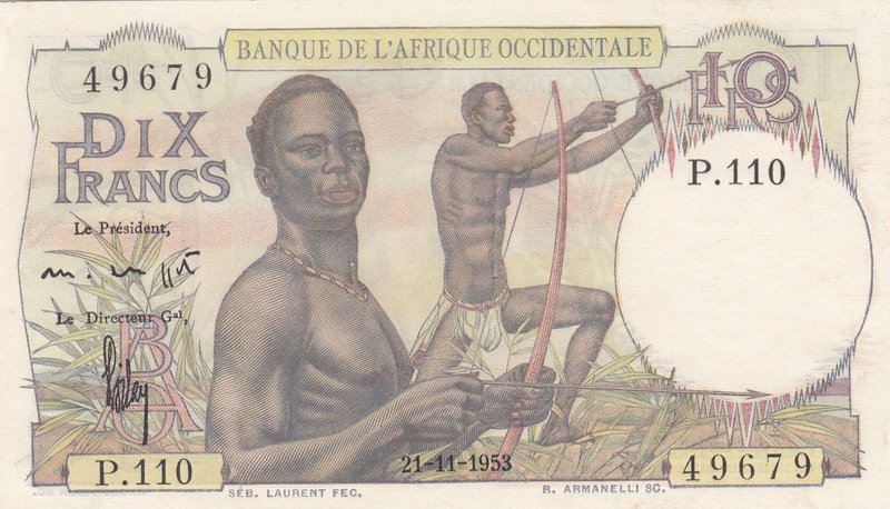 French West Africa, 10 Francs, 1953, UNC, p37
serial number: P.110 49679, Portr...