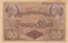 Germany, 20 Mark, 1914, VF (+), p48b
serial number: 379651, 7 digit serial number
Estimate: $ 50-100