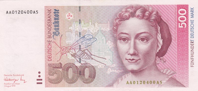 Germany, 500 Mark, 1991, AUNC, p43a
serial number: AA 0120400A5, Maria Sibylla ...