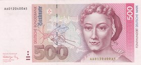 Germany, 500 Mark, 1991, AUNC, p43a
serial number: AA 0120400A5, Maria Sibylla Merian portrait at right: She was a Naturalist, Entymologist and Botan...