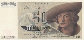 Germany, 50 Deutsche Mark, 1948, AUNC (-), p14
serial number: T.313 30353, German painter Albrecht Dürer portrait at right
Estimate: $ 150-300