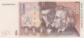 Germany, 1000 Mark, 1991, AUNC, p44a
serial number: AA 0358556D7, Brothers Grimm portrait at right: Brothers Grimm, German Brüder Grimm, German folkl...