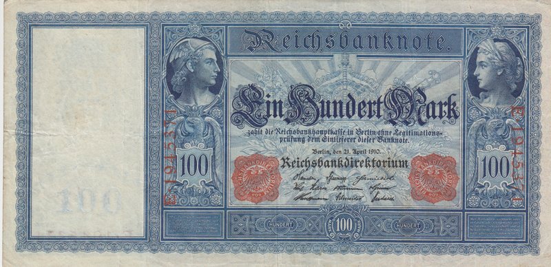 Germany, 100 Mark, 1910, XF (-), p38
serial number: E-1945371
Estimate: $ 150-...