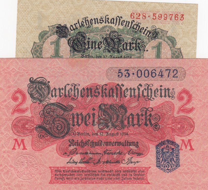 Germany, 1 Mark and 2 Mark, 1914, UNC, p52/p53, (Total 2 banknotes)
serial numb...