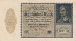 Germany, 10000 Mark, 1922, AUNC, p71
serial number: 1K-423730, Portrait of Male at right by Albrecht Dürer
Estimate: $ 15-30