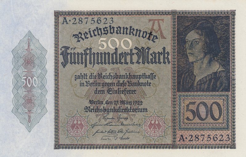 Germany, 500 Mark, 1922, UNC, p73
serial number: A.2875623, Portrait of J. Maye...