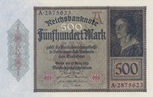 Germany, 500 Mark, 1922, UNC, p73
serial number: A.2875623, Portrait of J. Mayer
Estimate: $ 60-80