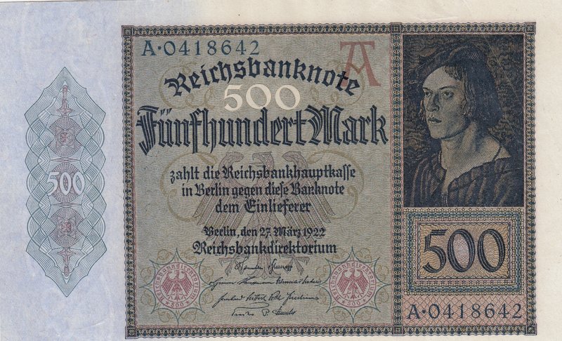 Germany, 500 Mark, 1922, UNC (-), p73
serial number: A 0418642, top right corne...