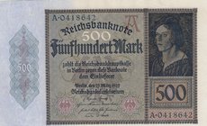 Germany, 500 Mark, 1922, UNC (-), p73
serial number: A 0418642, top right corner has fold marks
Estimate: $ 50-100