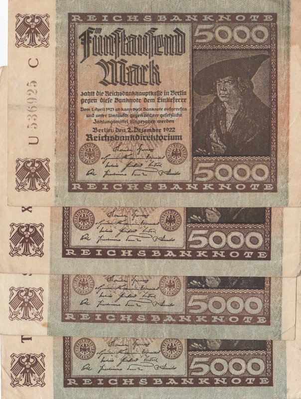 Germany, 5000 Mark, XF, p81, (Total 4 banknotes)
serial numbers: T657686A, S349...