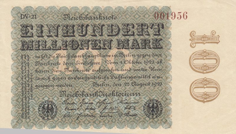 Germany, 100 Millionen Mark, 1923, XF (+), p107d
serial number: DV21 001956
Es...