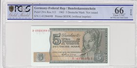 Germany, 5 Deutsche Mark, 1963, UNC, p29A
PCGS 66 OPQ, serial number:1-4328469 B, Young Venetian Woman by Albrecht Dürer at right
Estimate: $ 200-40...