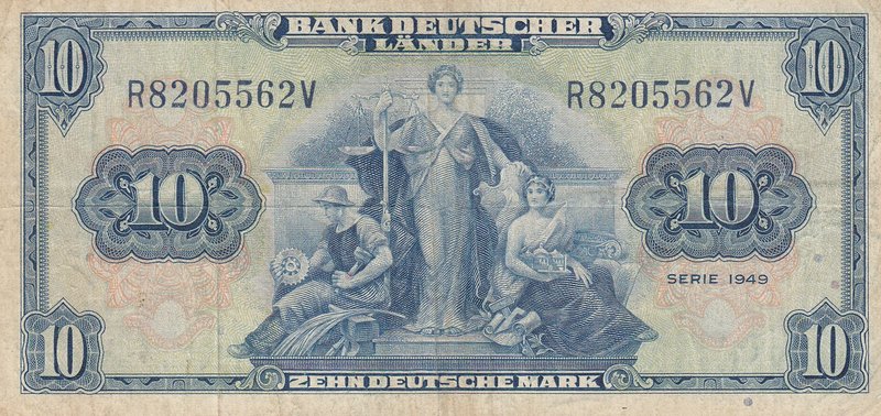 Germany Federal Republic, 10 Mark, 1949, FINE, p16a
serial number: R8205562 V, ...