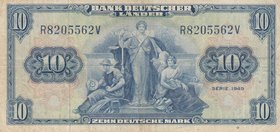 Germany Federal Republic, 10 Mark, 1949, FINE, p16a
serial number: R8205562 V, Allgorical Figure of 2 Women and 1 Man
Estimate: $ 10-20