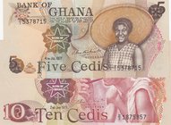 Ghana, 5 Cedis and 10 Cedis, UNC, p15b/ p16f, ( Total 2 Banknotes)
serial numbers: PI 5378715 and D2 1875857
Estimate: $ 15-30