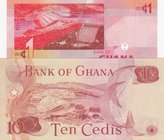 Ghana, 10 Cedis and 1 Cedi, 1978/ 2015, UNC, p16f/ p37f, (Total 2 Banknotes)
serial numbers: TI 6188968 and GG8973060, Elderly Man smoking Pipe (for ...