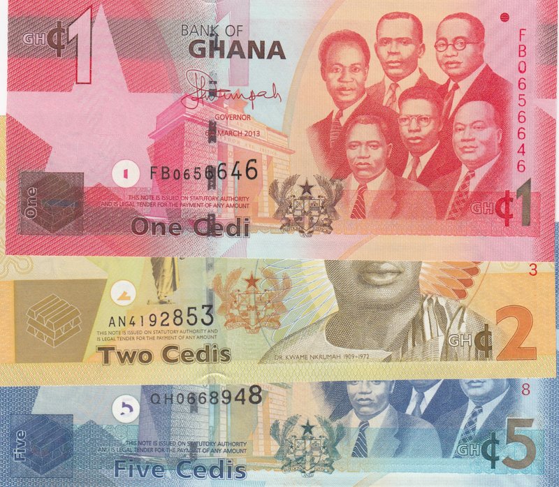 Ghana, 1 Cedi, 2 Cedis and 5 Cedis, UNC, p37d/ p37Aa/ p38e, (Total 3 Banknotes)...