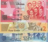Ghana, 1 Cedi, 2 Cedis and 5 Cedis, UNC, p37d/ p37Aa/ p38e, (Total 3 Banknotes)
serial numbers: FB0656646, AN4192853 and QH0668948
Estimate: $ 10-20