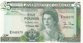 Gibraltar, 5 Pounds, 1988, UNC, p21b
serial number: E 846975, Portrait of Queen Elizabeth II
Estimate: $ 80-100