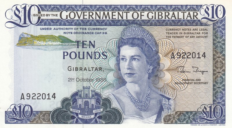 Gibraltar, 10 Pounds, 1986, UNC, p22b
serial number: A922014, Queen Elizabeth I...