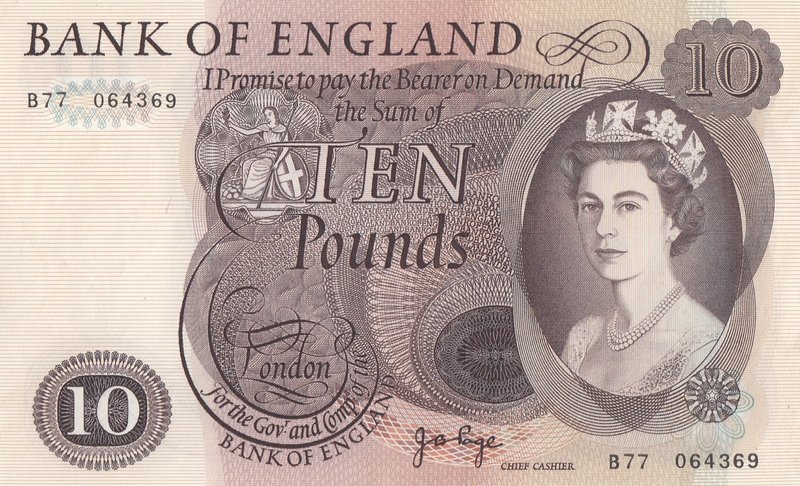 Great Britain, 10 Pounds, 1971, UNC, p367c
Queen Elizabeth II, serial number: B...