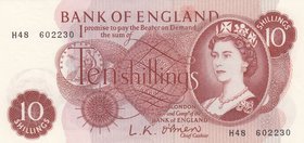 Great Britain, 10 Shillings, 1961-62, UNC, p373a
serial number: H48 602230, Signature L.K. O'Brain, Portrait of Queen Elizabeth II 
Estimate: $ 10-2...