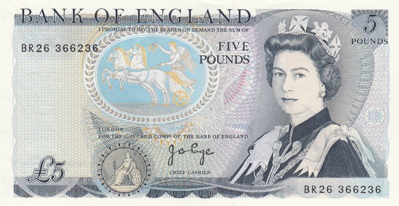 Great Britain, 5 Pound, 1973, UNC (-), p378b
serial number: BR26 366236, Queen ...